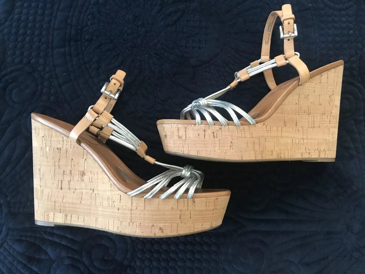 Coach Georgiana Cork Platform Wedge Sandals Silver Tan Leather 9B