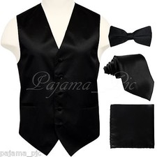 BLACK Solid Vest Waistcoat and Straight Cut Bow Tie  Neck tie  Hanky Wedding