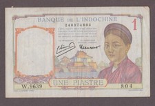 French Indochina 1 Piastre Banknote P-54e  No Dot Under MOT ND 1949