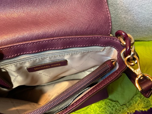 Michael Kors Wine Aubergine Saffiano Leather Flap Snap Chain Hobo Crossbody - Picture 11 of 12