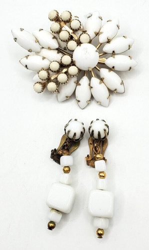 Milk Glass Flower Pin An Dangle Milk Glass Clip Earrings Set