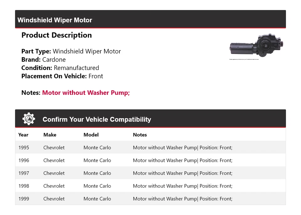 For 1995-1999 Chevrolet Monte Carlo Windshield Wiper Motor Front Cardone 1996 - Image 2 of 4