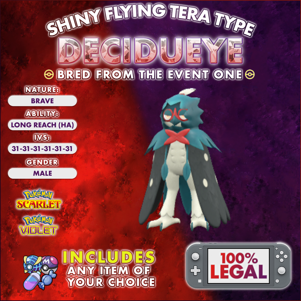 shiny decidueye pokemon card Pokemon Scarlet and Violet ~ 6 IV Shiny Decidueye ~ Same Day Delivery