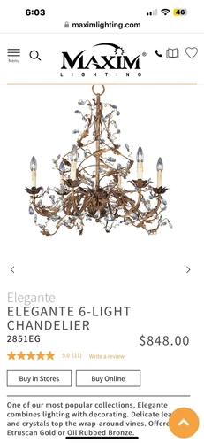 Maxim 2851 Gold Elegante 26"W 6-Light Chandelier Interior House Light Fixture - Picture 3 of 6