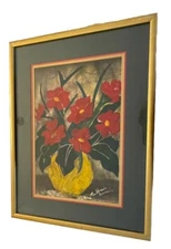 Signed Modern Still Life Painting Silk Gilt Frame 