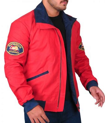 Men's Trendy Fashion David Hasselhoff Baywatch Bomber Red Cotton Jacket