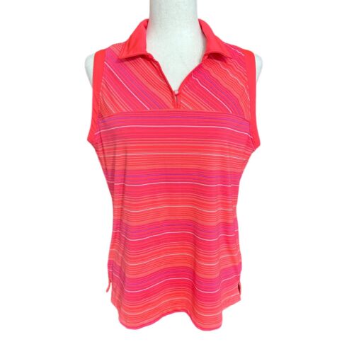 Tommy Armour Shirt Women L Pink Coral Striped Sleeveless Collared Golf Polo - Picture 1 of 14