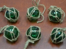 6 PCS REPRODUCTION GREEN GLASS FLOAT BALL BUOY WITH FISHING NET 2" #F-364