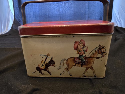 Vintage 1950er Western Cowboy Cowgirl Brotdose 6,5" Breite 4,25" Höhe 4" Tiefe - Bild 3 von 14