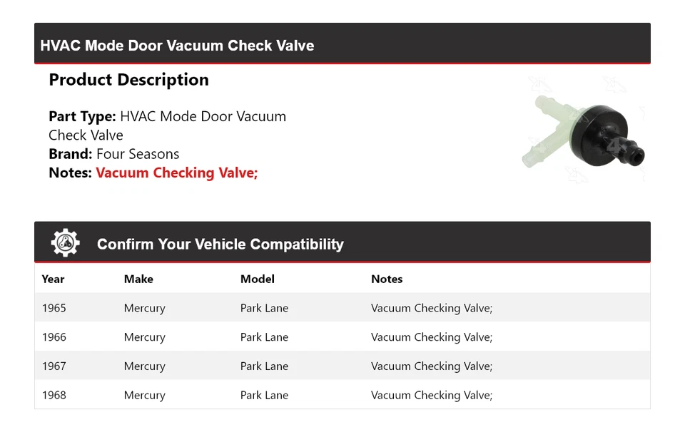 Válvula de retención de vacío de puerta modo HVAC Mercury Park Lane 1965-1968 4 estaciones 1966 Foto 2 de 4