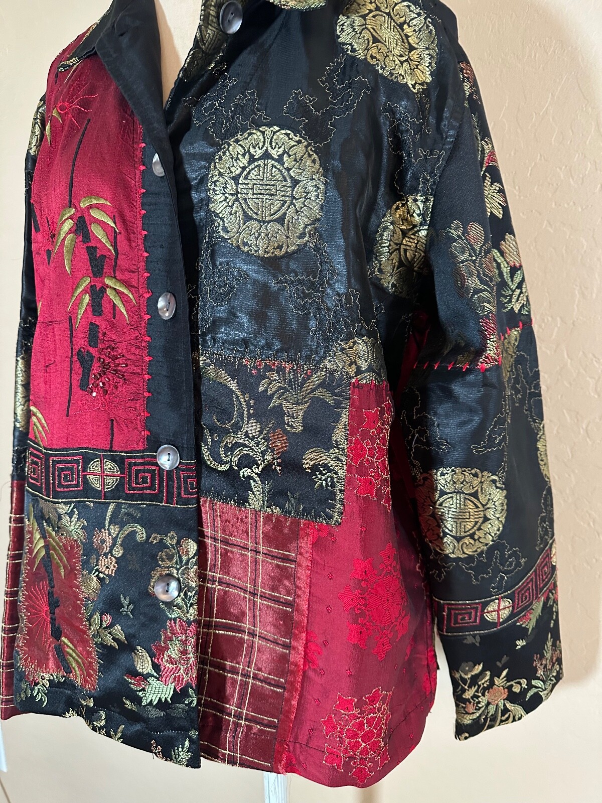 Chicos Black & Red Asian Patchwork Silk Blend Lig… - image 2