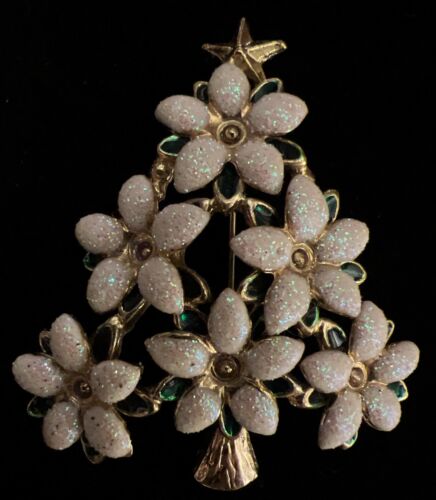 Vintage Lia Lalique Blumen Baum Weihnachten Weihnachtsstern Glitzer Buch Stück Brosche - Bild 2 von 4