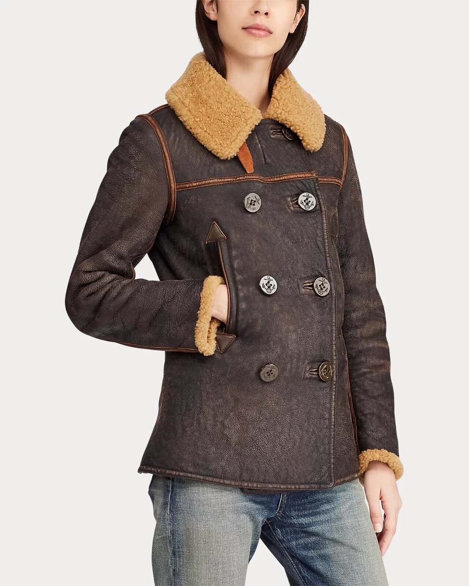 RRL Ralph Lauren Shearling Leather Peacoat Jacket Coat Women's