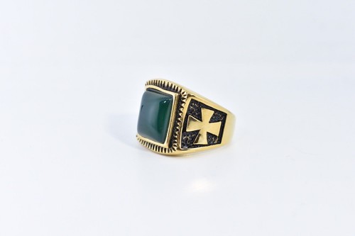 Gold Plated Stainless Steel Genuine Green Chrysoprase 9 Men's Cross Ring - Picture 4 of 4