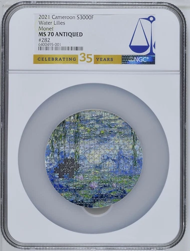 NGC MS 70 ANTIQUED 2021 Cameroon S3000F Water Lilies Monet Collectible Coin