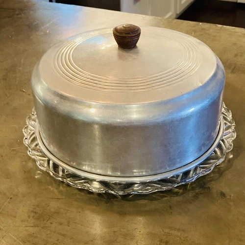 VTG MCM Aluminum Cake Cover & Pressed Federal Glass Star 3 Footed Base Plate Set