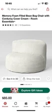 Memory Foam Filled Bean Bag Chair with Corduroy Cover Cream - Room Essentials™