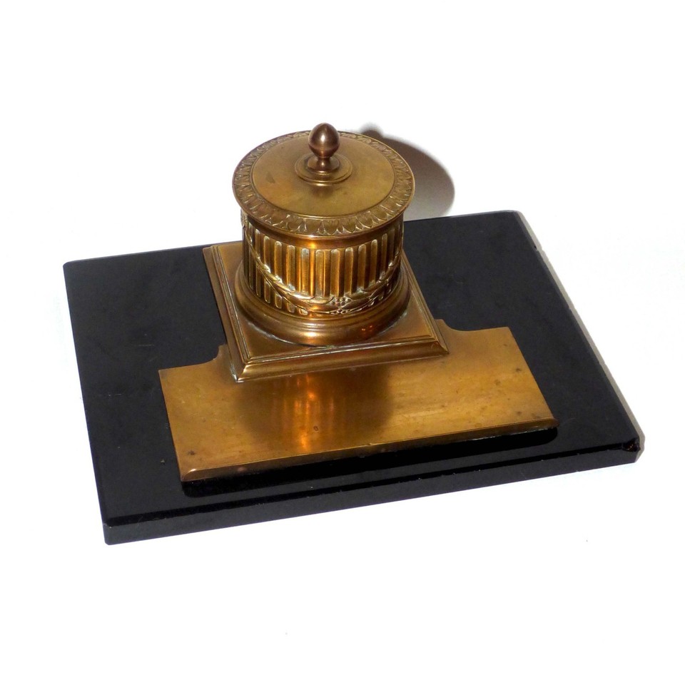 A genuine c.1900 French Empire brass-and-Noir Belge marble inkwell — an actual antique artifact that transforms any desk into a cabinet of curiosities.