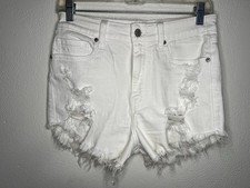 Eunina Lulu High Rise Cut Off Distressed Denim Shortie Shorts MEDIUM White
