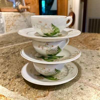 Vtg Bone China Royal Sealy Teacups & Saucers Lily of the Valley Set of 3 Japan