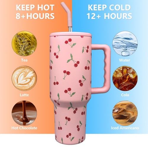 Bicchiere Ciliegio con Cannuccia e Coperchio Isolato Sottovuoto 40oz Acciaio Inox Rosa... - Foto 4 di 7