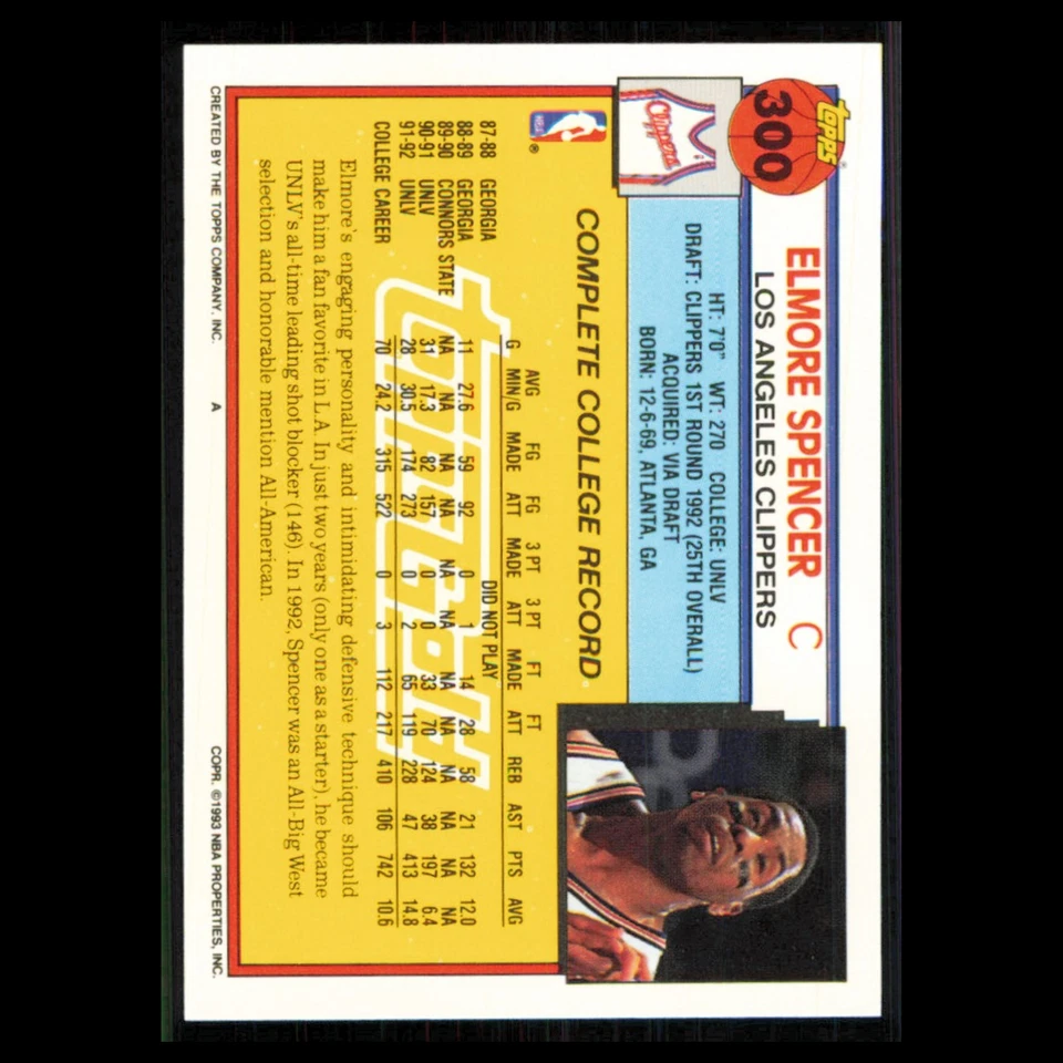 Elmore Spencer Rookie #300 1992 Topps Gold Los Angeles Clippers Basketball Card - Image 2 of 3