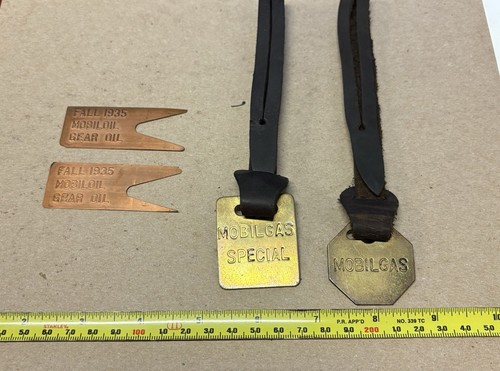 Vintage MOBILGAS MOBILOIL MOTOR OIL Brass Tag PRODUCT ID TAGS Lot 4