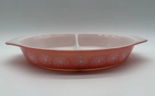 Vintage Pyrex Pink Daisy Milk Glass Divided Casserole Dish 12 1/2” Length No Lid