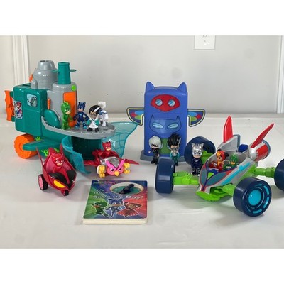 PJ Masks Toy Lot Romeos Lab Catboy HQ Vehicles Figures and Time Telling Book