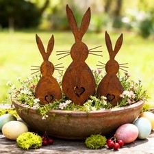 3-teiliges Rustikales Metall-Gartendeko-Set Osterhase aus Metall Figur
