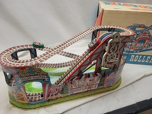 WOWJ. Chein Vintage Tin Litho Wind Up Toy Roller Coaster with 2 Cars Made In USA