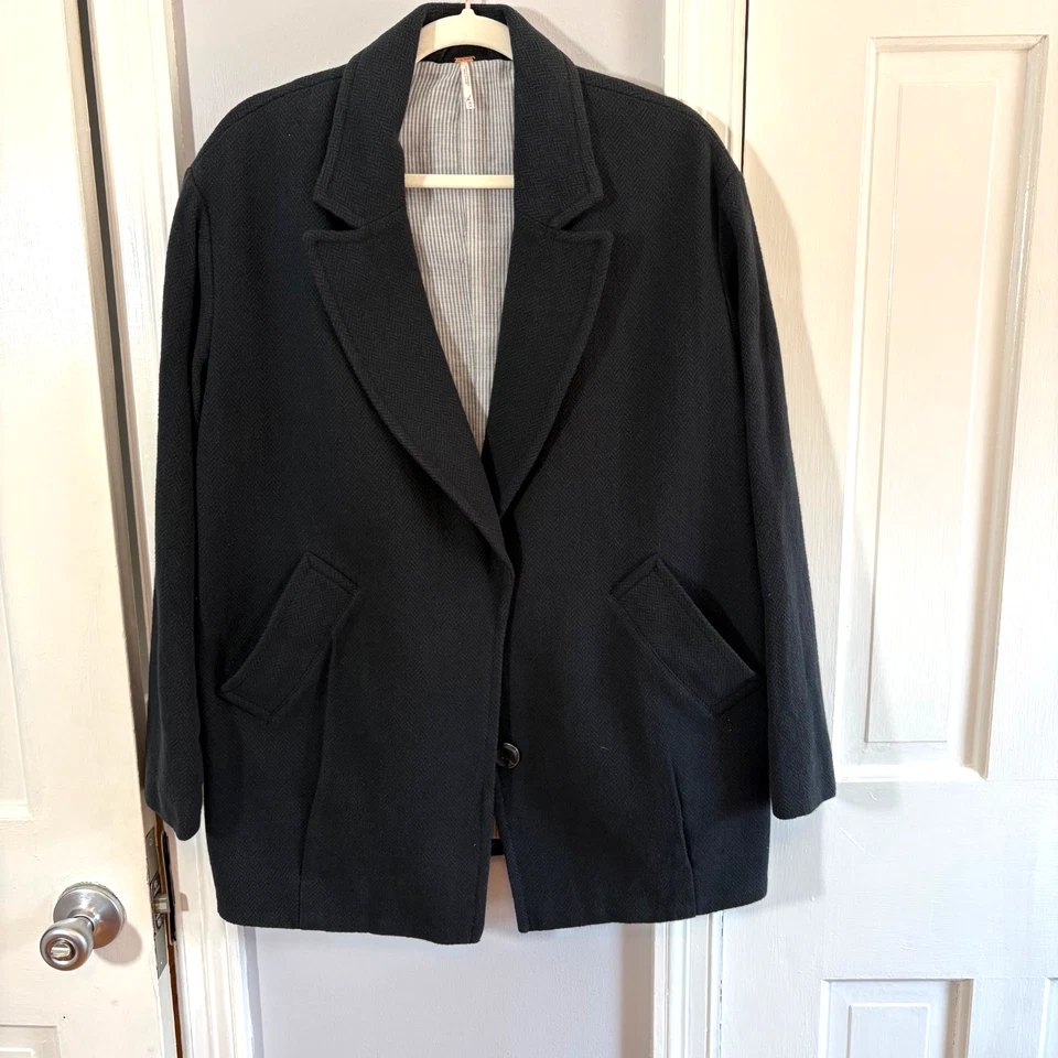Chaqueta Blazer Abrigo Free People Mujer Mediano Azul Marino Espiga Algodón Foto 2 de 4