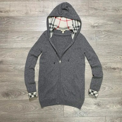 Burberry Brit grey zip-up hooded jacket in 100% cashmere. Size S Check  lining