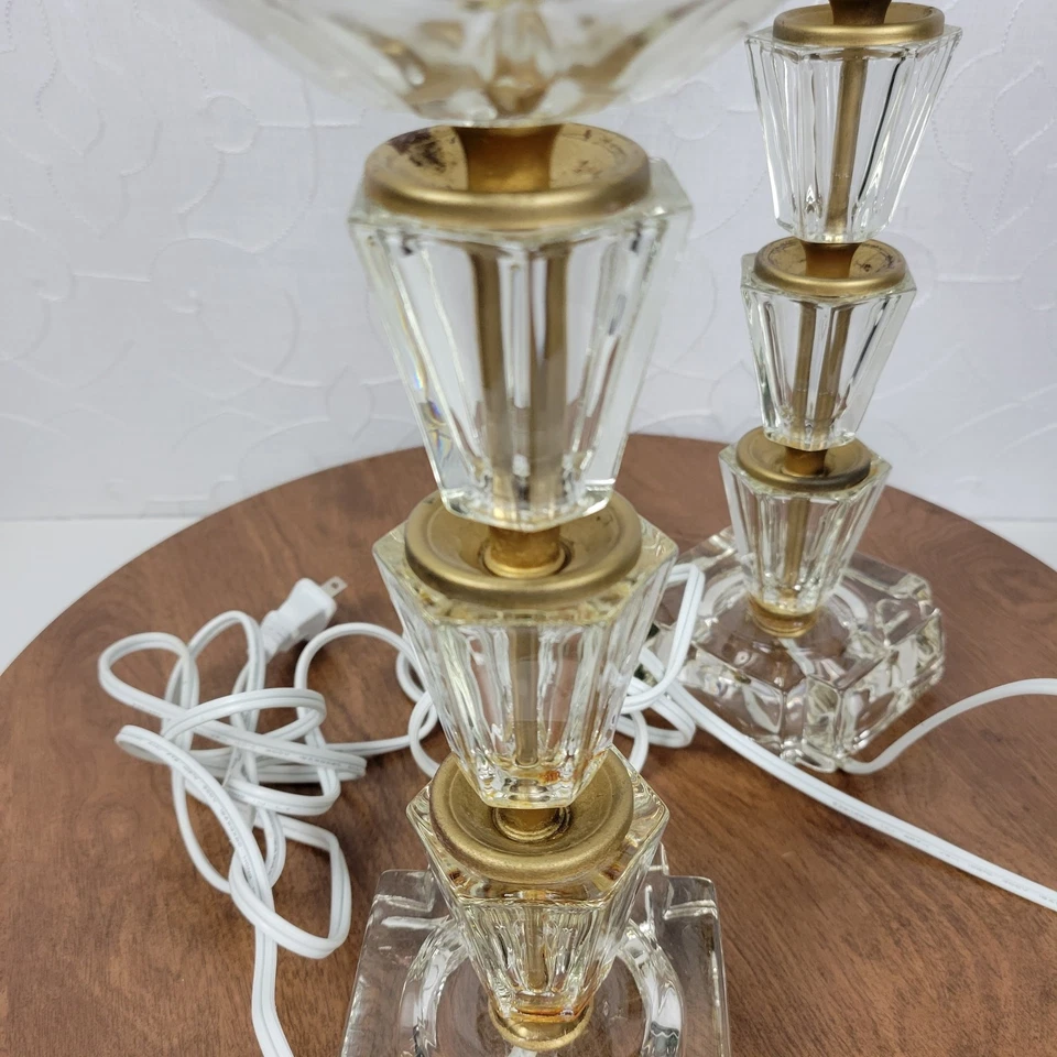 Vintage Etched Crystal Glass Base Lamps Gold Metal Accent MCM Art Deco Pair - Image 4 of 4