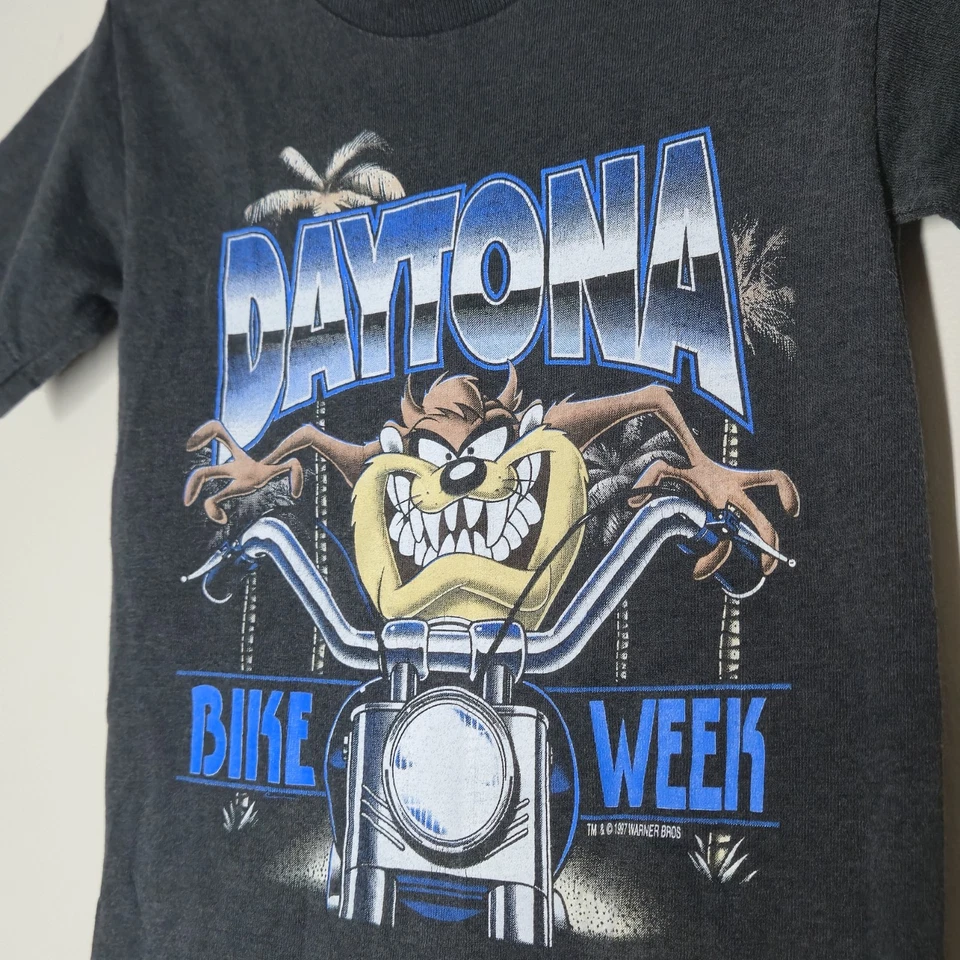 Vintage 90s 1997 Daytona Bike Week XS Taz Kids Black Boys T-Shirt Biker - Image 2 of 4