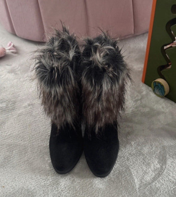 Damen Stiefeletten Wildleder Knöchel Fellbesatz Blockabsatz Reißverschluss 36