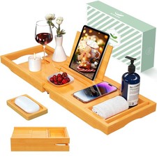 Foldable Bathtub Tray for Tub, Bamboo Bathtub Caddy Tray Table with Book Stan...