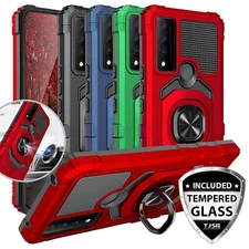 For TCL 30 V 5G Case Metal Ring Magnetic Support Kickstand Cover+Tempered Glass