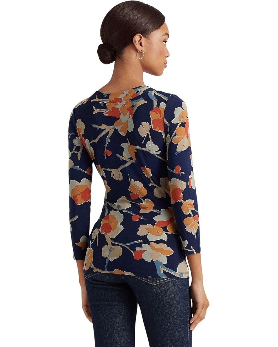 ラルフ・ローレン Lauren Ralph Lauren Plus-Size Floral ストレッチ Jersey Top レディース シャツ トッ Lauren Ralph Lauren Floral Stretch Jersey Top Navy Blue Size