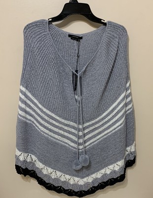 NWT Vertigo Womens Striped Gray Black Knit Shawl Sweater Poncho Cape Medium