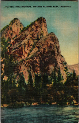 Vtg Postcard California The Three Brothers, Yosemite National Park PM 1947