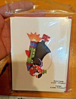 NEW Studio 18 ROCKET FLYING PENGUIN 8 Blank Note Cards & Envelopes Whimsical