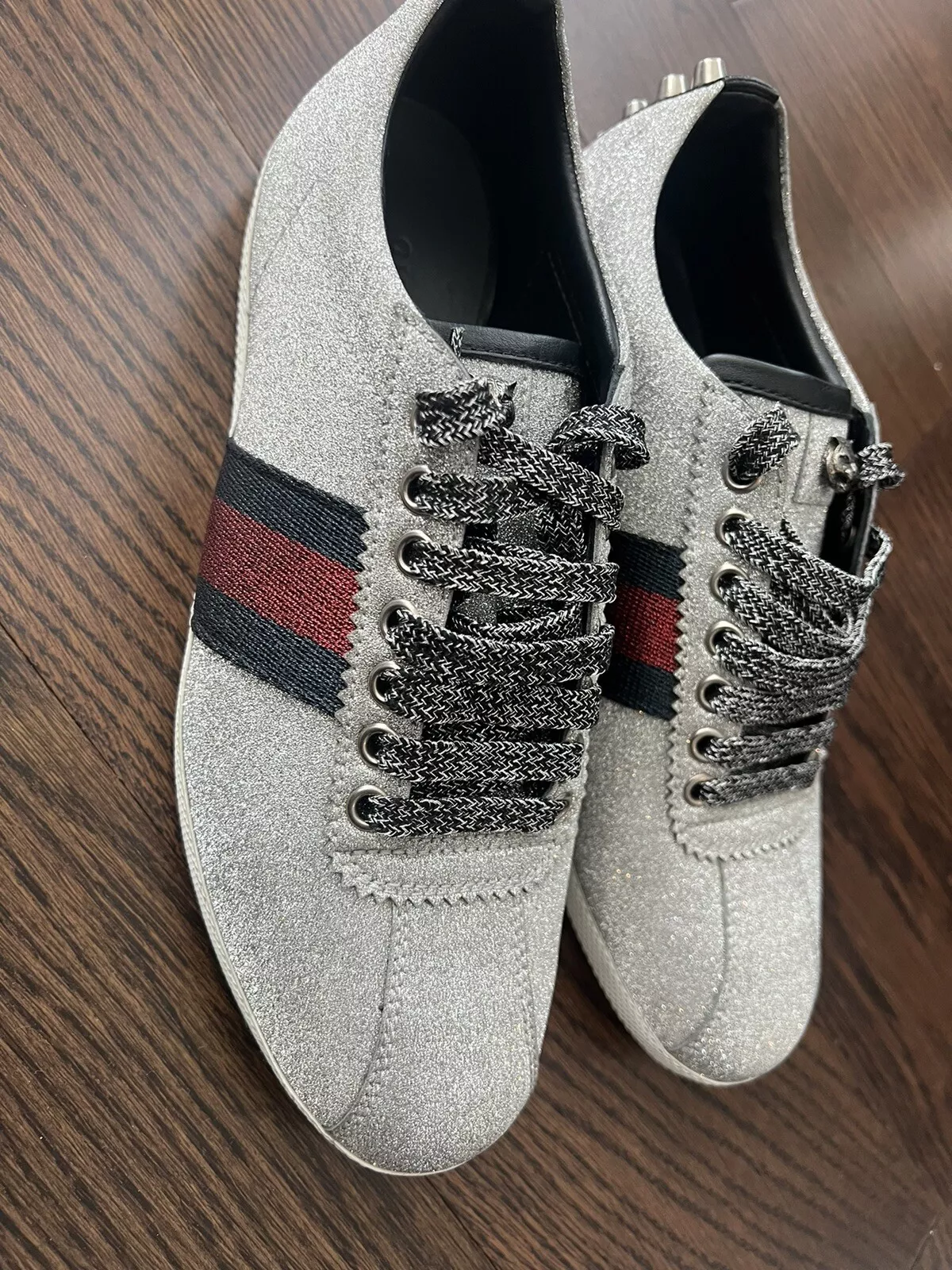 BASKETS 100 % AUTHENTIQUES GUCCI BAMBI GLITTER STUD ARGENT pour femmes
