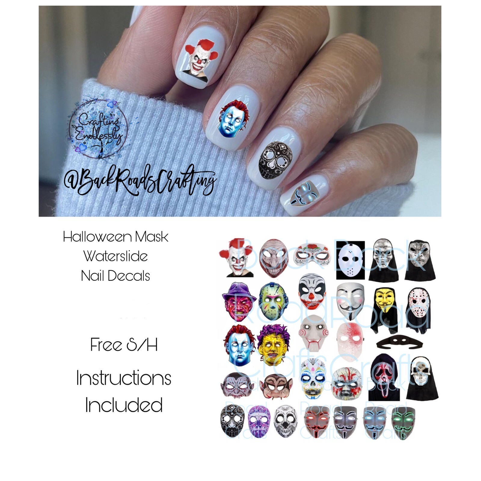 Halloween Mask Waterslide Nail Decals Set Of 50   Instructions & Bonus