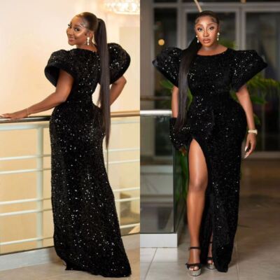 Sequin Dress Women Party Banquet Gown Puff Sleeve Maxi Black Split Wrap  Dress | eBay