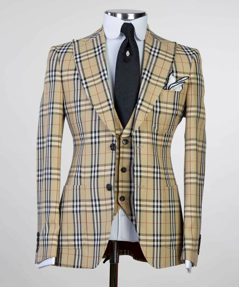 For Men Burberry Wedding Suit Beige Plaid Men Suit Vintage