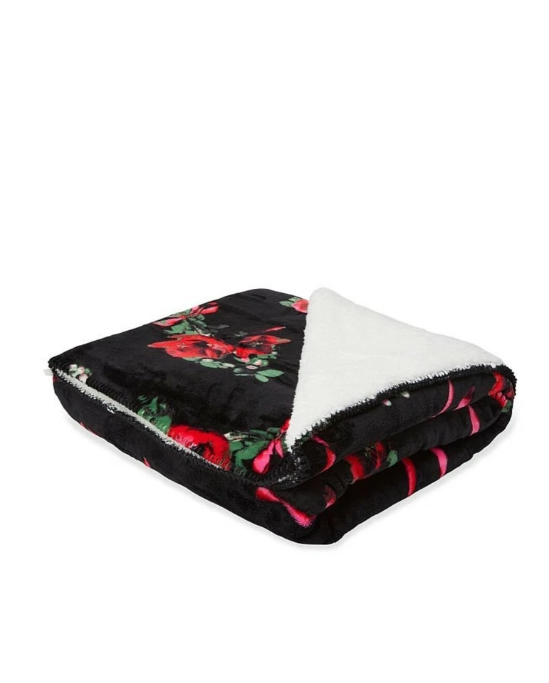 Manta de franela VICTORIA'S SECRET negra floral Sherpa polar 50X60 pulgadas 2021 NUEVA Foto 2 de 2