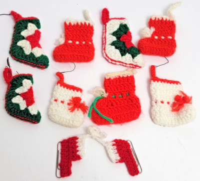 Vintage Lot 10 Christmas Crochet Yarn  Mini Boot Stocking Candy Cane Ornament