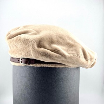 Max Mara Virgin Wool Beret Hat Beige Tan Leather Belt Trim Italy