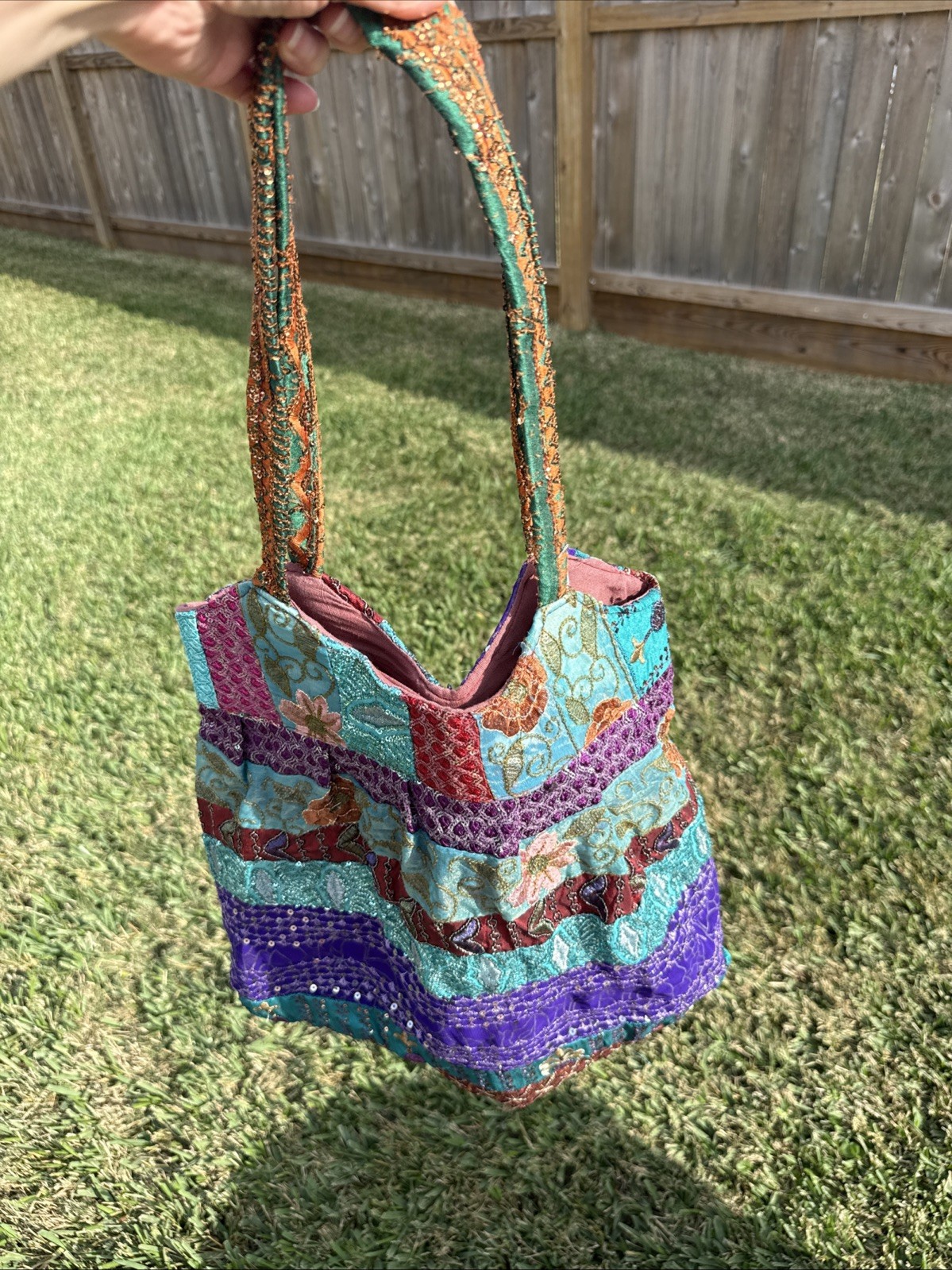 NWT Fabrique Embellished Patchwork Colorful Lined Hobo Bag
